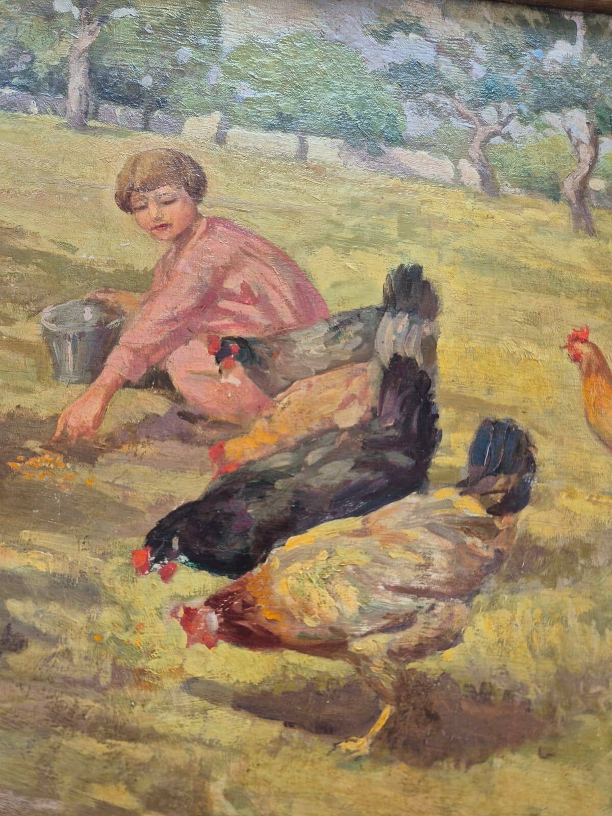 Oil Painting on Canvas "Children at the Farm" Signed Lo Presti - Gilded Frame