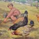 Oil Painting on Canvas "Children at the Farm" Signed Lo Presti - Gilded Frame