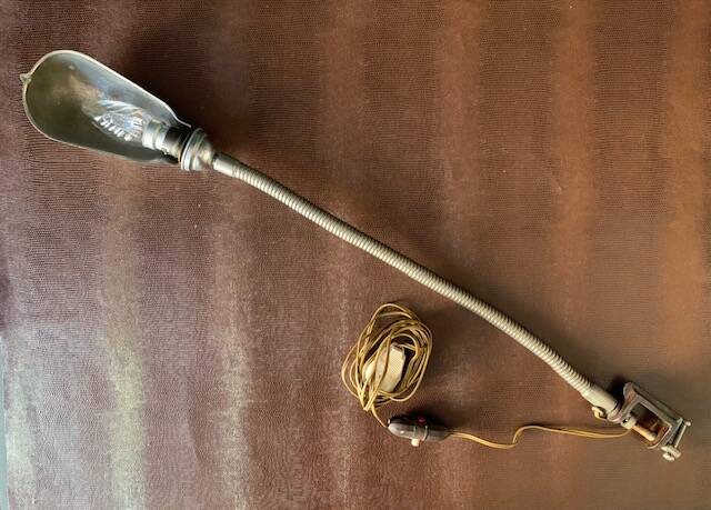 Old workshop lamp, silver metal, flexible, 1950