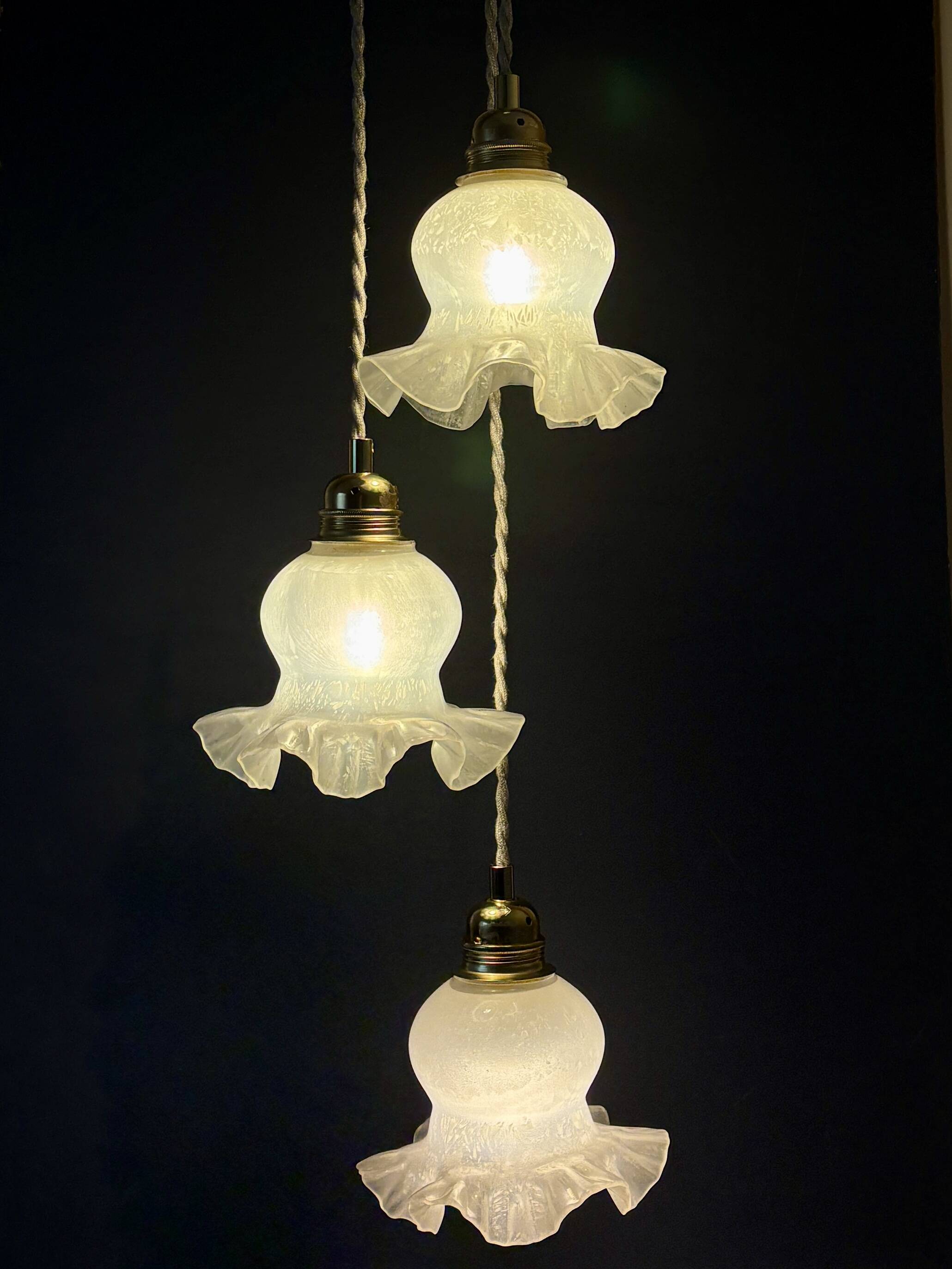 Vintage triple tulip pendant light in white glass