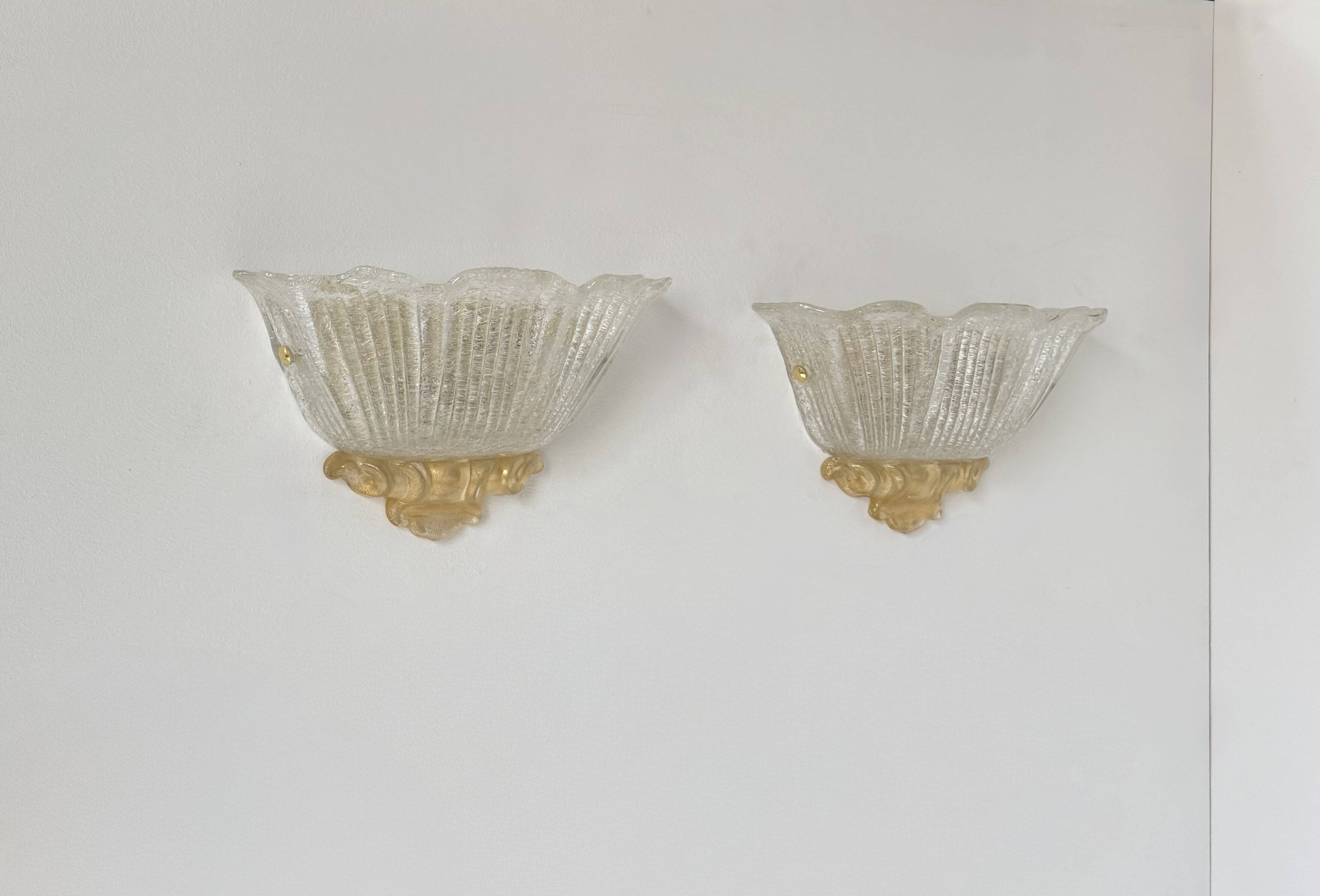 Paire d'appliques vintage moulé pressé, verre de Murano, Italie, 1980