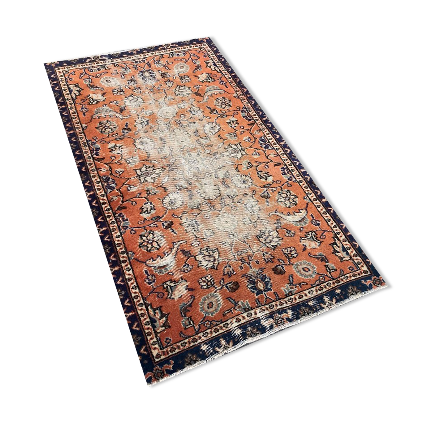 Orange and Blue Handmade Oushak Rug with Flowers