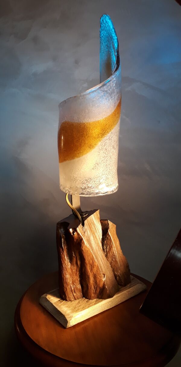 Lampe verre Murano Italie 1970  pied  racine bois exotique