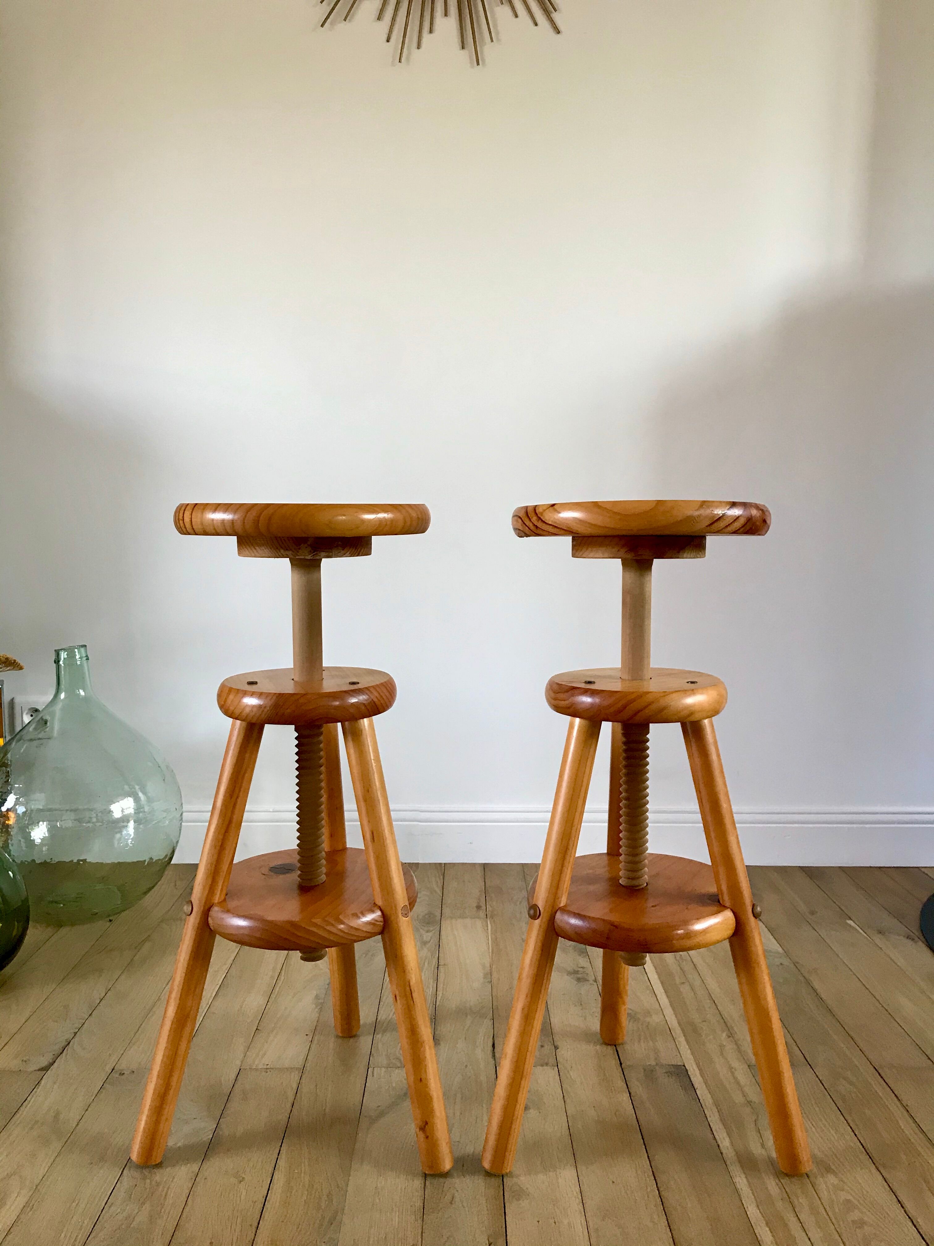 pair of adjustable architect stools pine style 60s