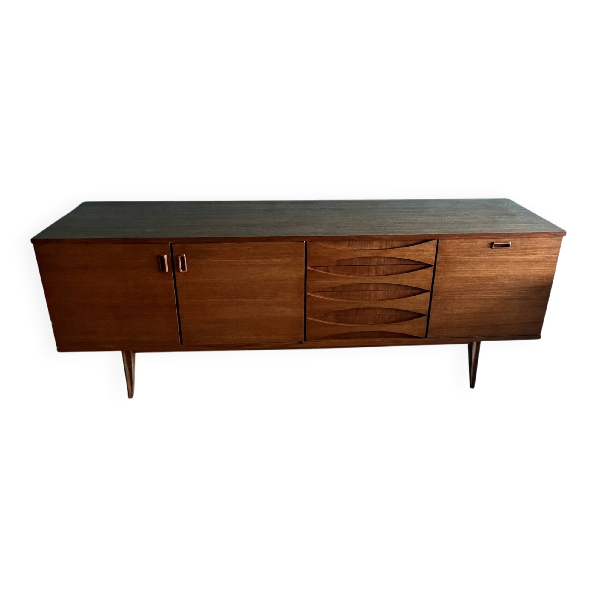 Scandinavian-style enfilade by EROS, made around 1960, in blonde teak, 220 cm.