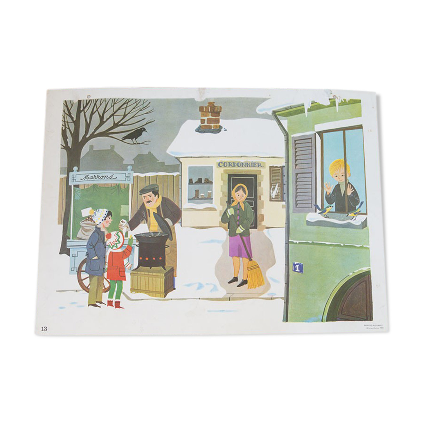Affiche scolaire Nathan 1966 face 1 Les marrons chauds et face 2 Hiver Bonhomme de neige