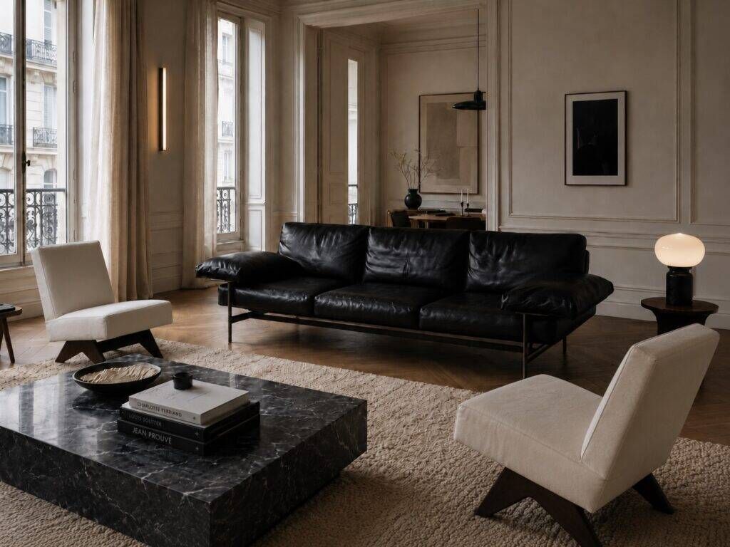 Canapé trois places Diesis en cuir noir par Antonio Citterio pour B&B Italia, années 1970.