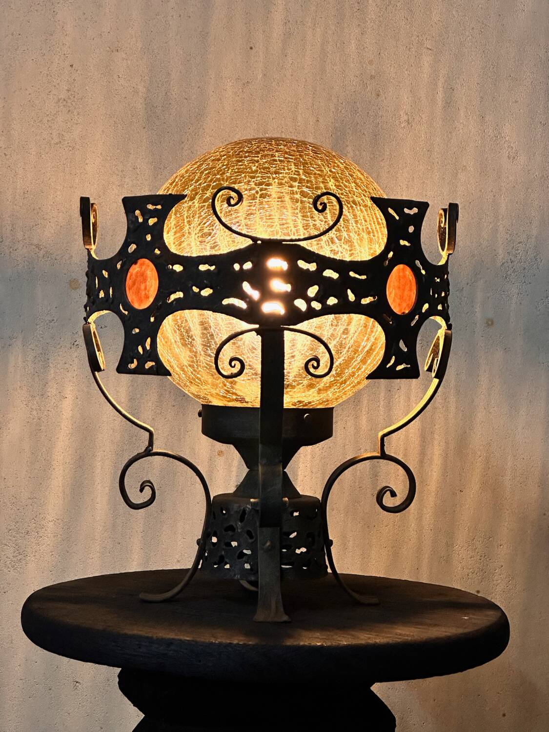 Large vintage wrought iron and glass pendant lamp