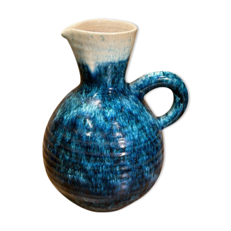 Glazed ceramic pitcher blue, white, signed Accolay XXth