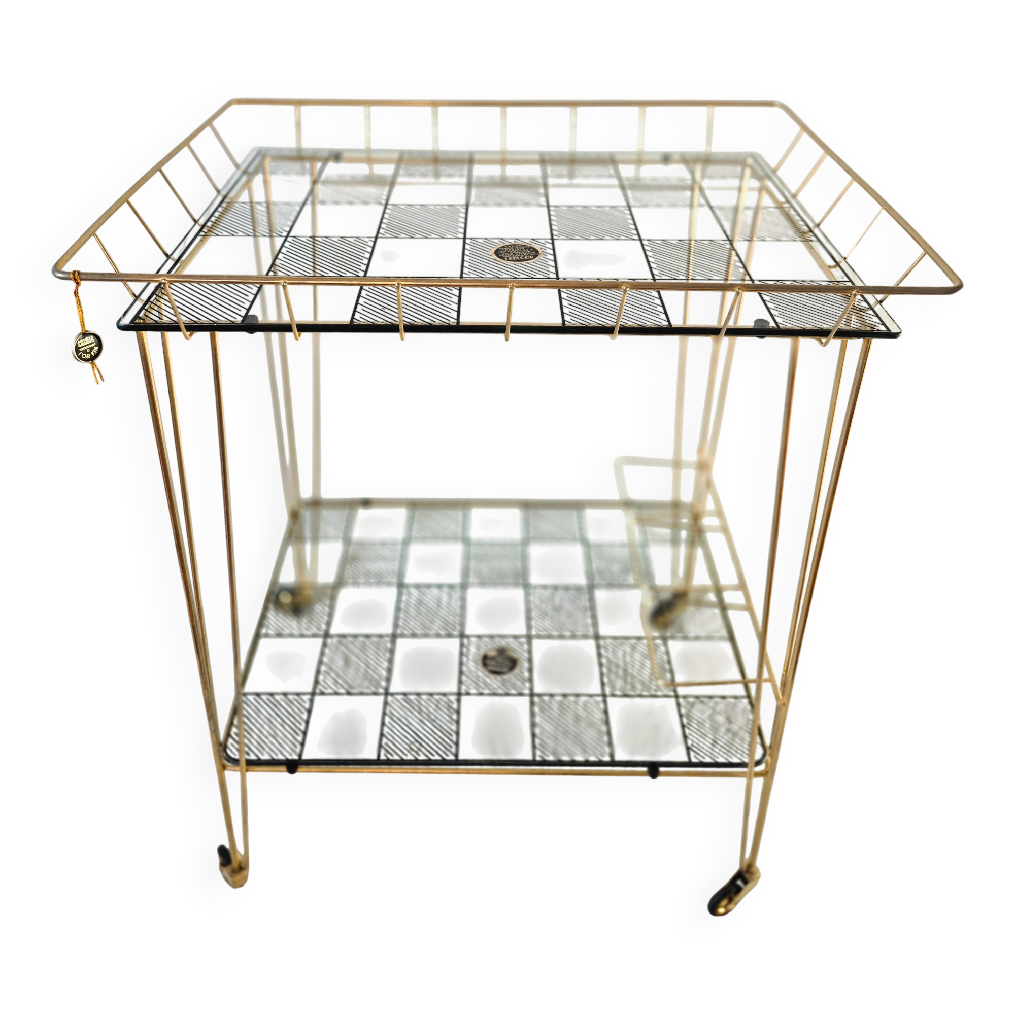 Vintage bar table, side table, glass trays, Eiffel legs.
