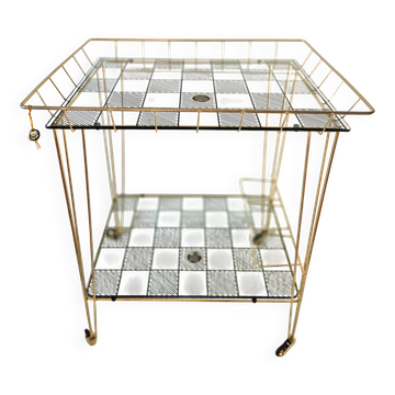 Vintage bar table, side table, glass trays, Eiffel legs.