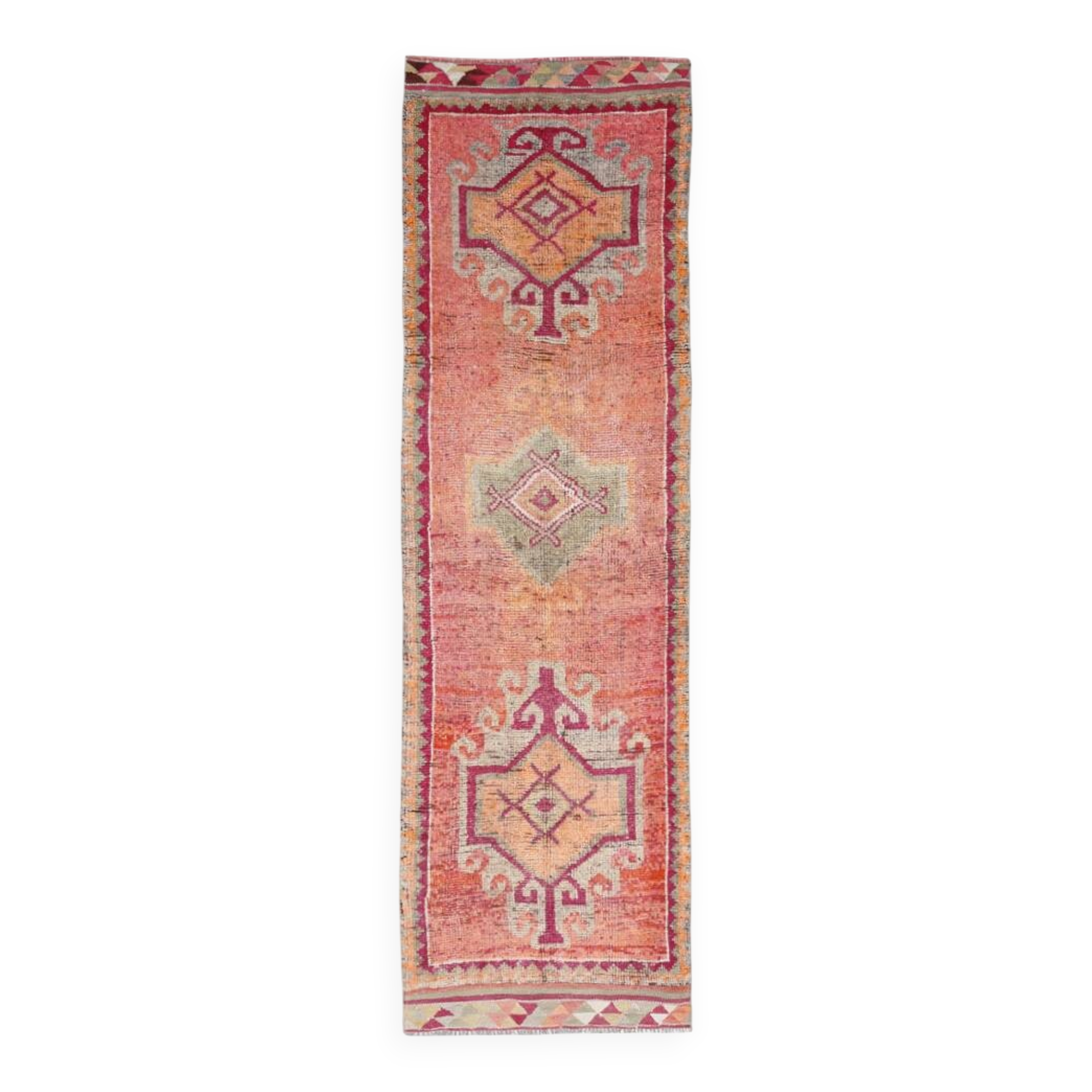 Tapis Couloir Turc Corail, Tapis Anatolien à Médaillons, 96x338 Cm