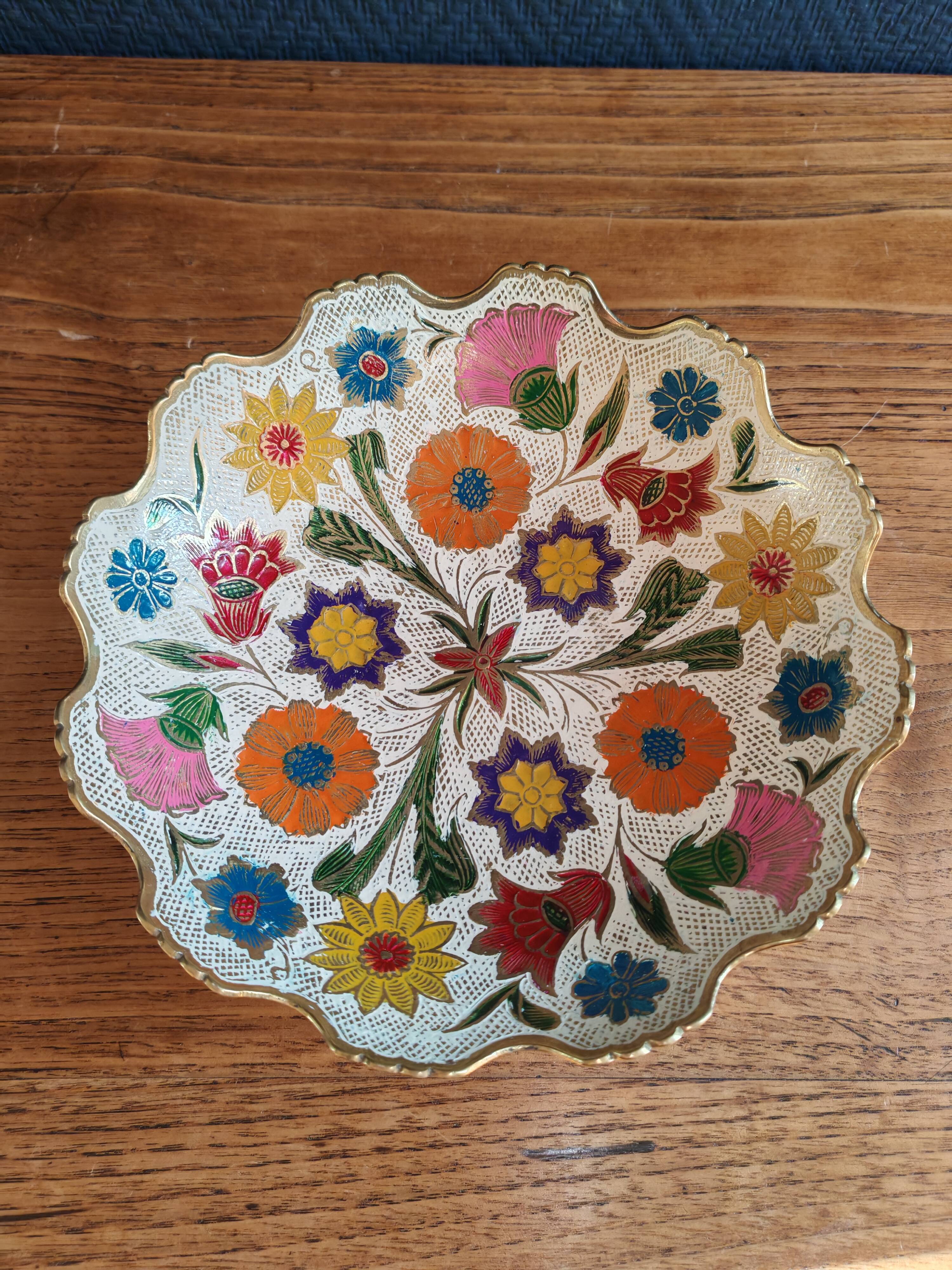 Vintage Enamelled Brass Fruit Bowl – Floral Centrepiece with Edge Fe