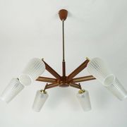 1960s mid century sputnik 8-light CHANDELIER teak brass glass ceiling light
