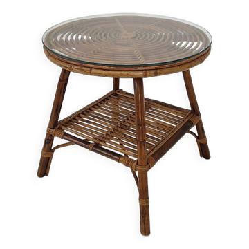 Table basse ou d'appoint vintage en rotin italien avec plateau en verre neuf, années 1970