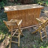 Bamboo bar and 2 vintage stools