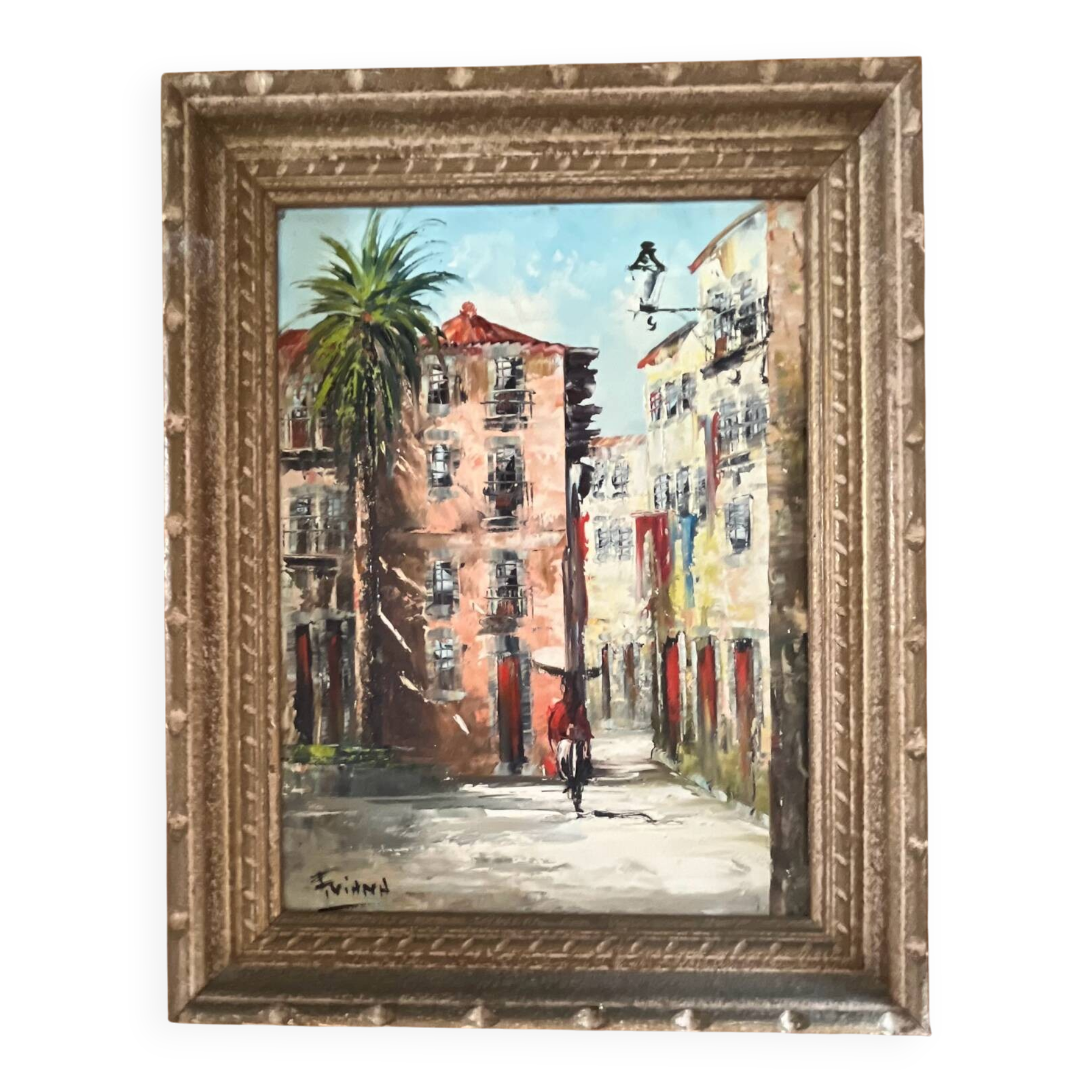 Tableau : Huile sur toile - ruelle animée au Portugal