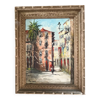 Tableau : Huile sur toile - ruelle animée au Portugal
