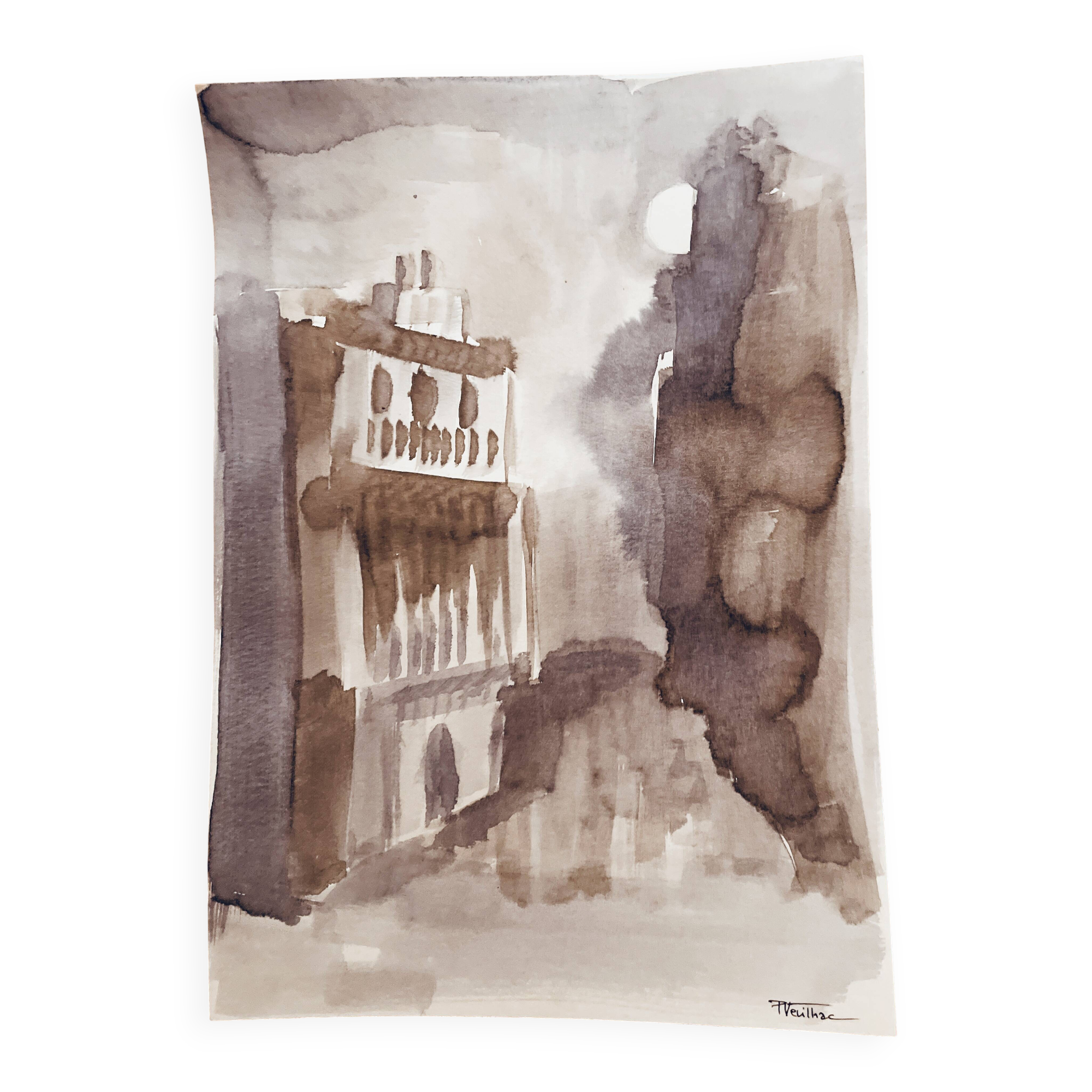 Signed watercolour monochrome sepia Moonlight over Tangier