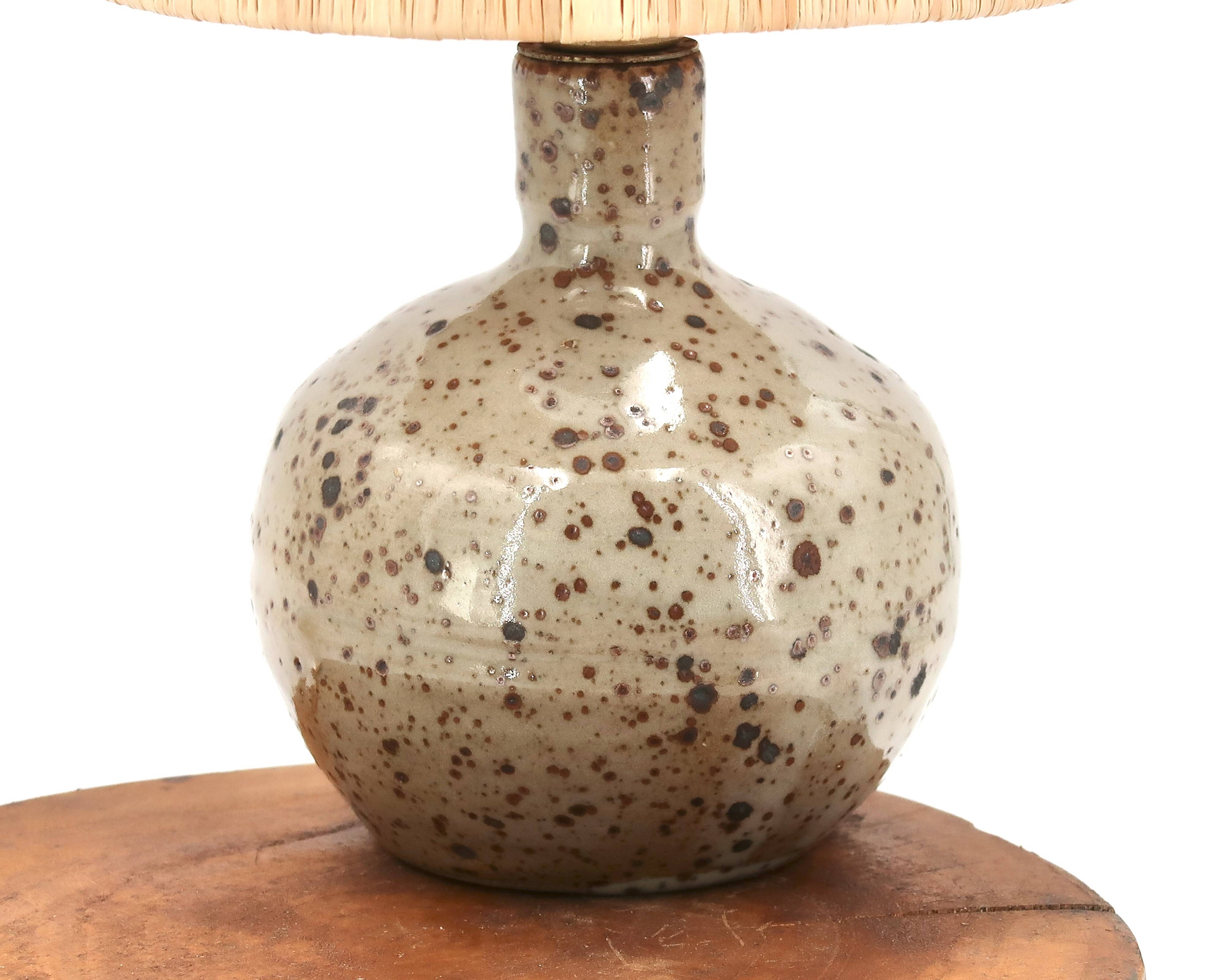 Guy Baudat stoneware ceramic ball lamp, raffia lampshade, 1970s