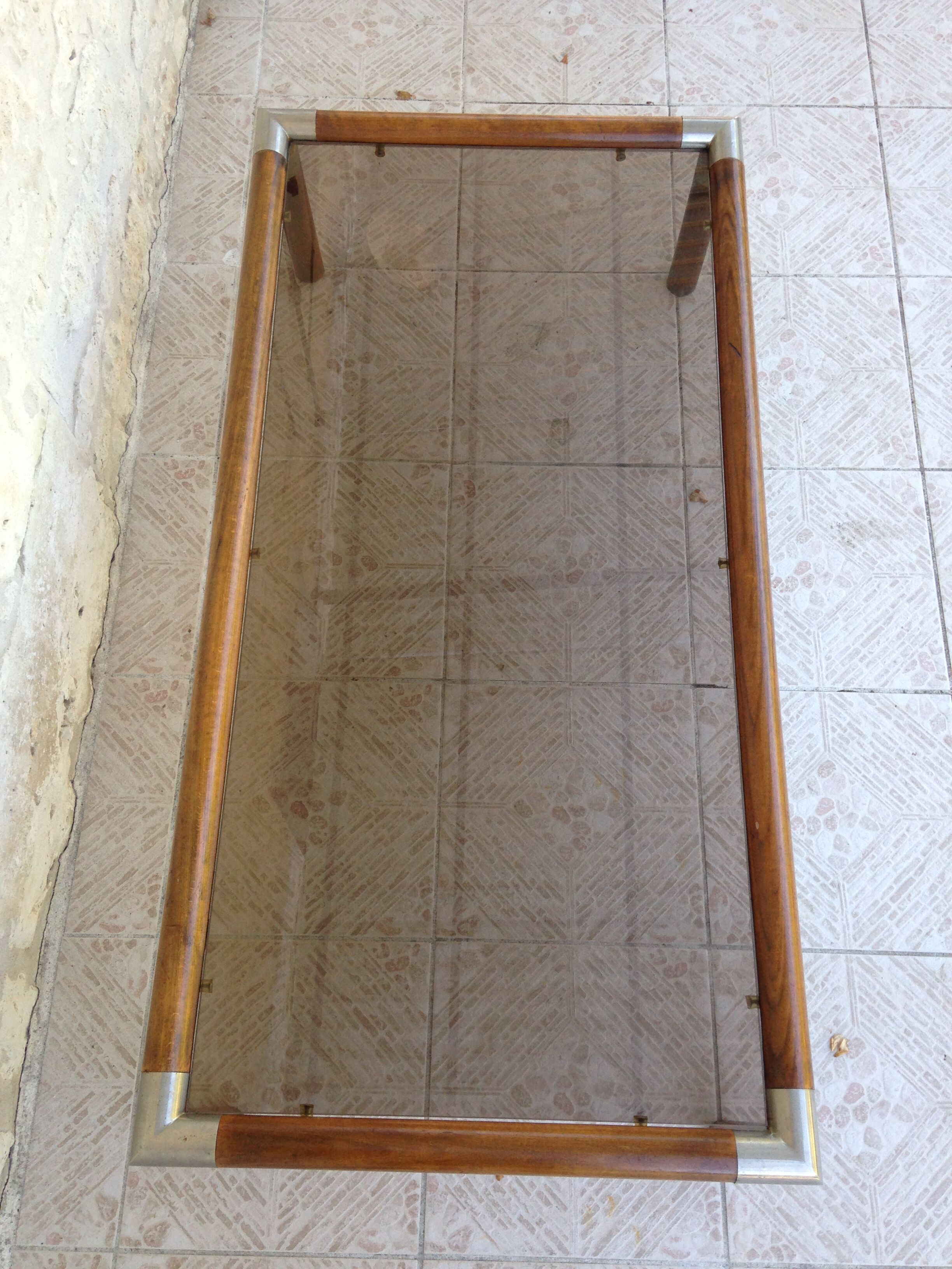 Table design bass, vintage, 70s wood and smoked glass