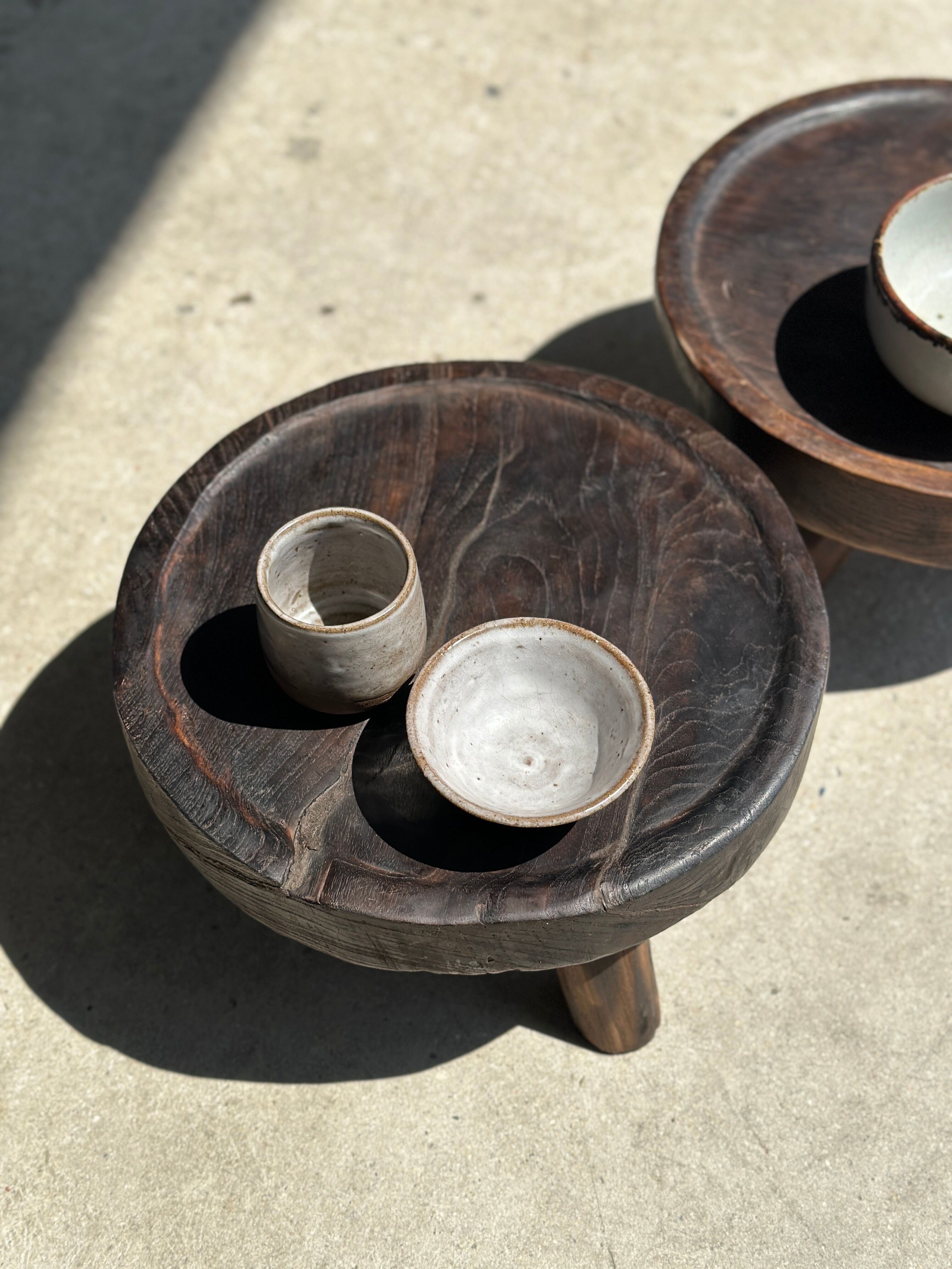 Small tripod stool low in dark brown upcycled teak