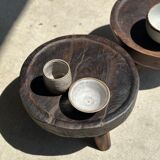 Small tripod stool low in dark brown upcycled teak