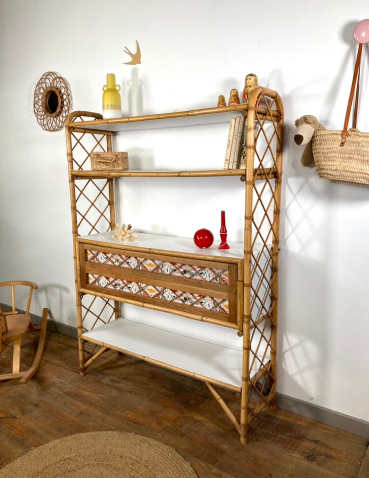Vintage rattan bookcase shelf