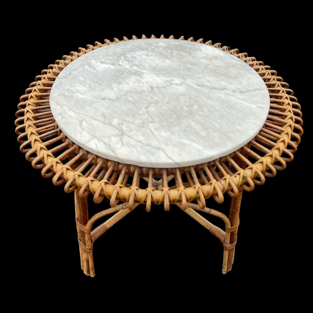 Sun coffee table in rattan and marble from the 50s