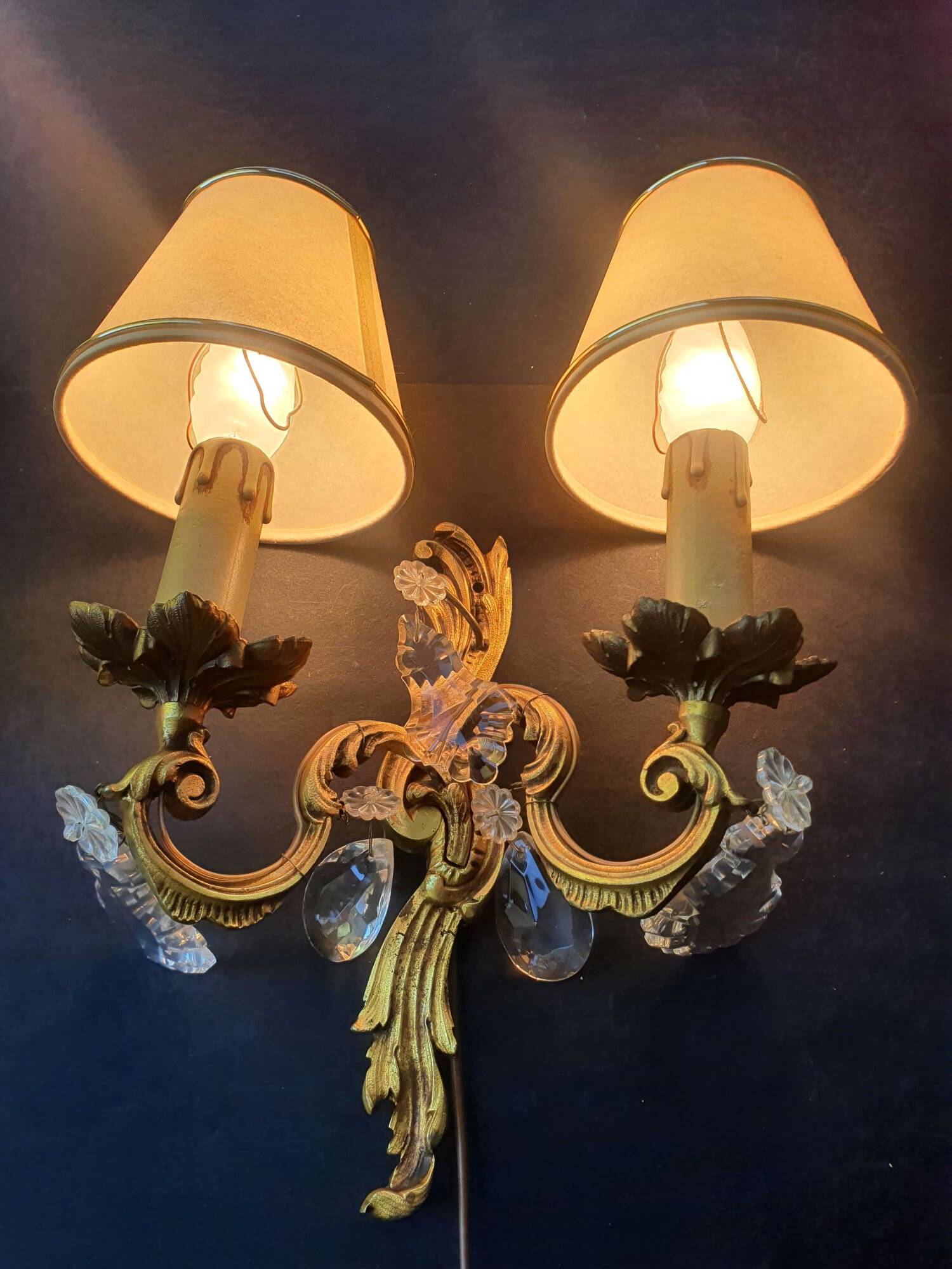 Pair of wall sconces candle holders with antique pendants