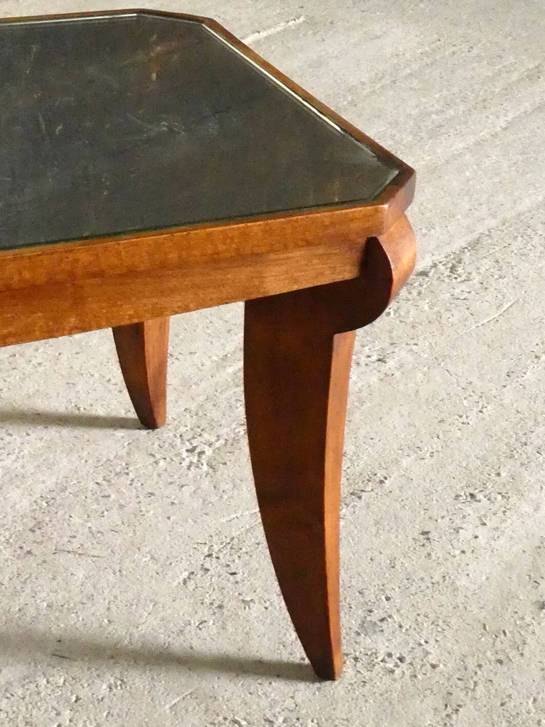 Table basse Art Déco en noyer et miroir, 1940