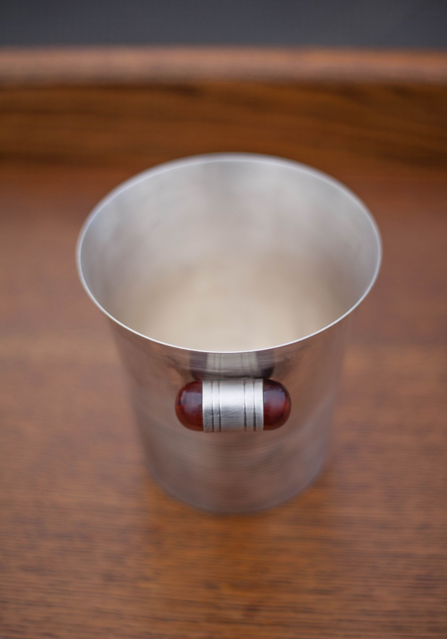 Art Deco ice bucket, silver metal ice bucket Bakelite handles