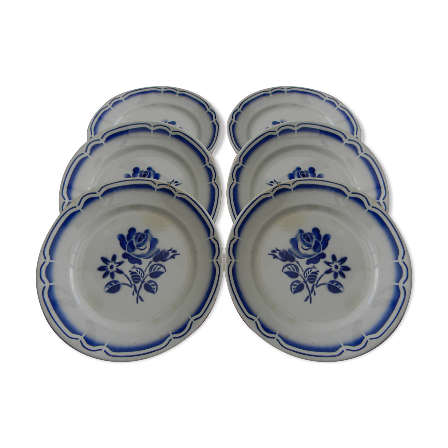 Lot de 6 assiettes plates en faience décor de roses.