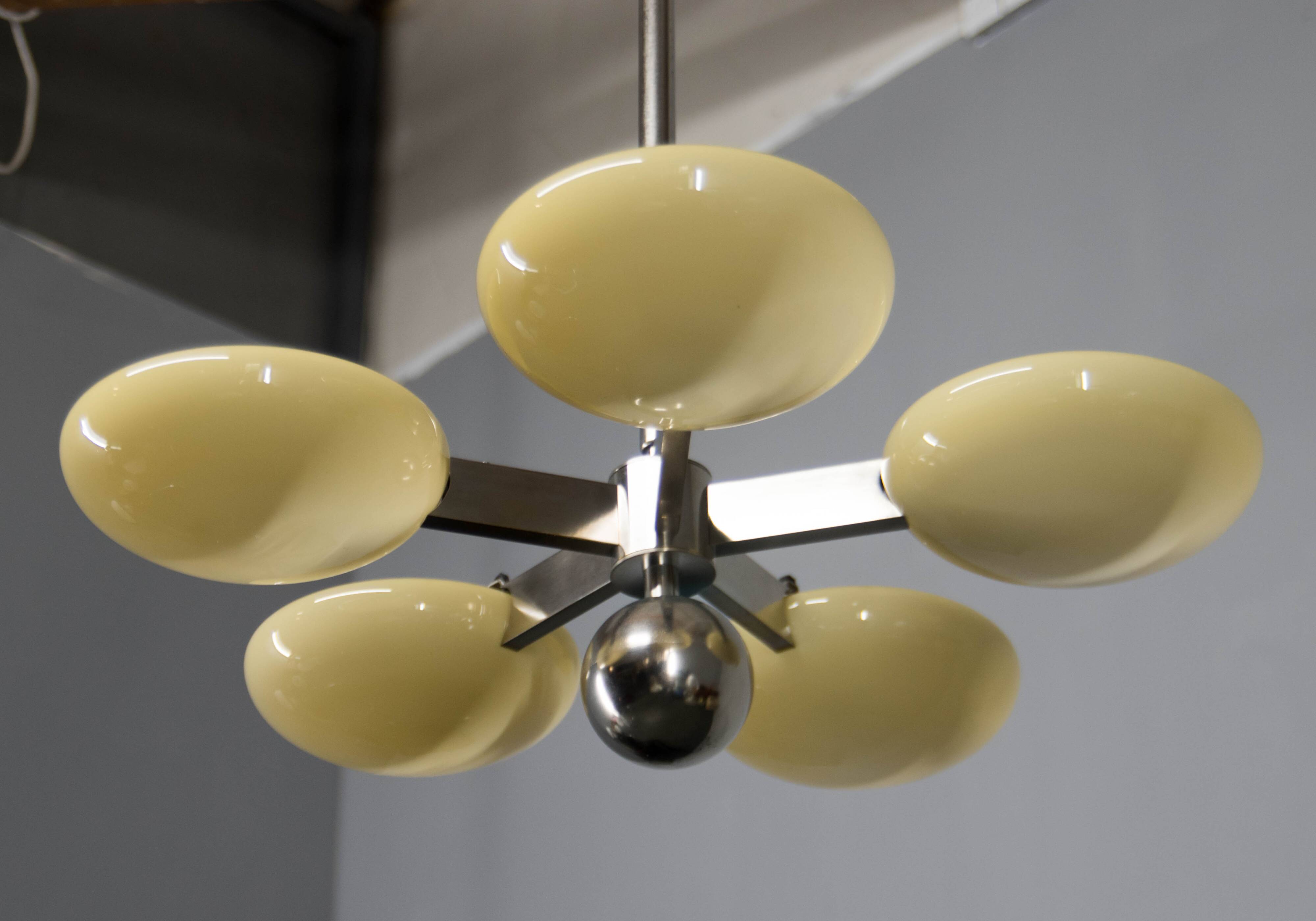 Exceptional Art Deco Functionalist Nickel-Plated Chandelier, 1930s