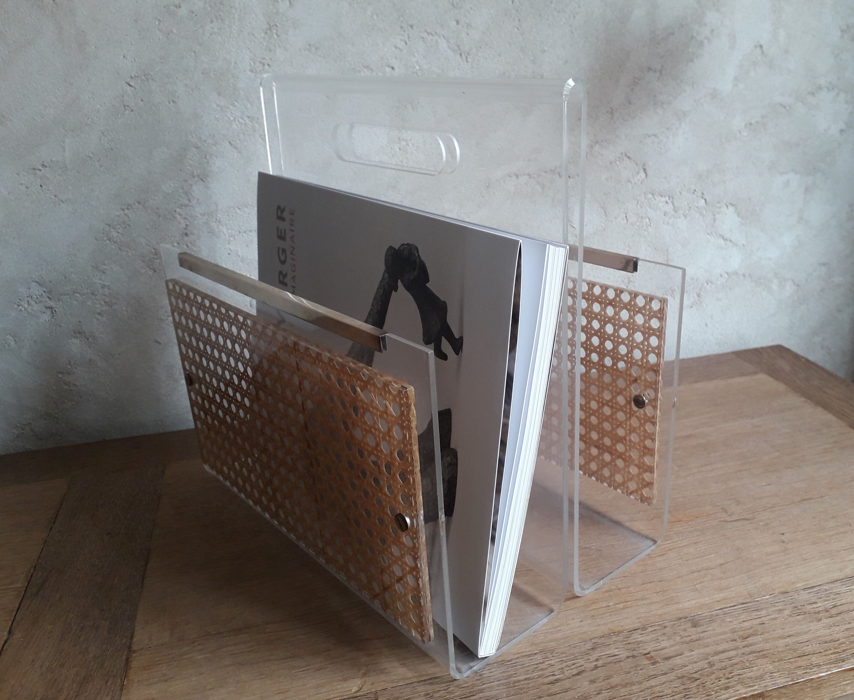 Plexiglas and cannage magazine holder