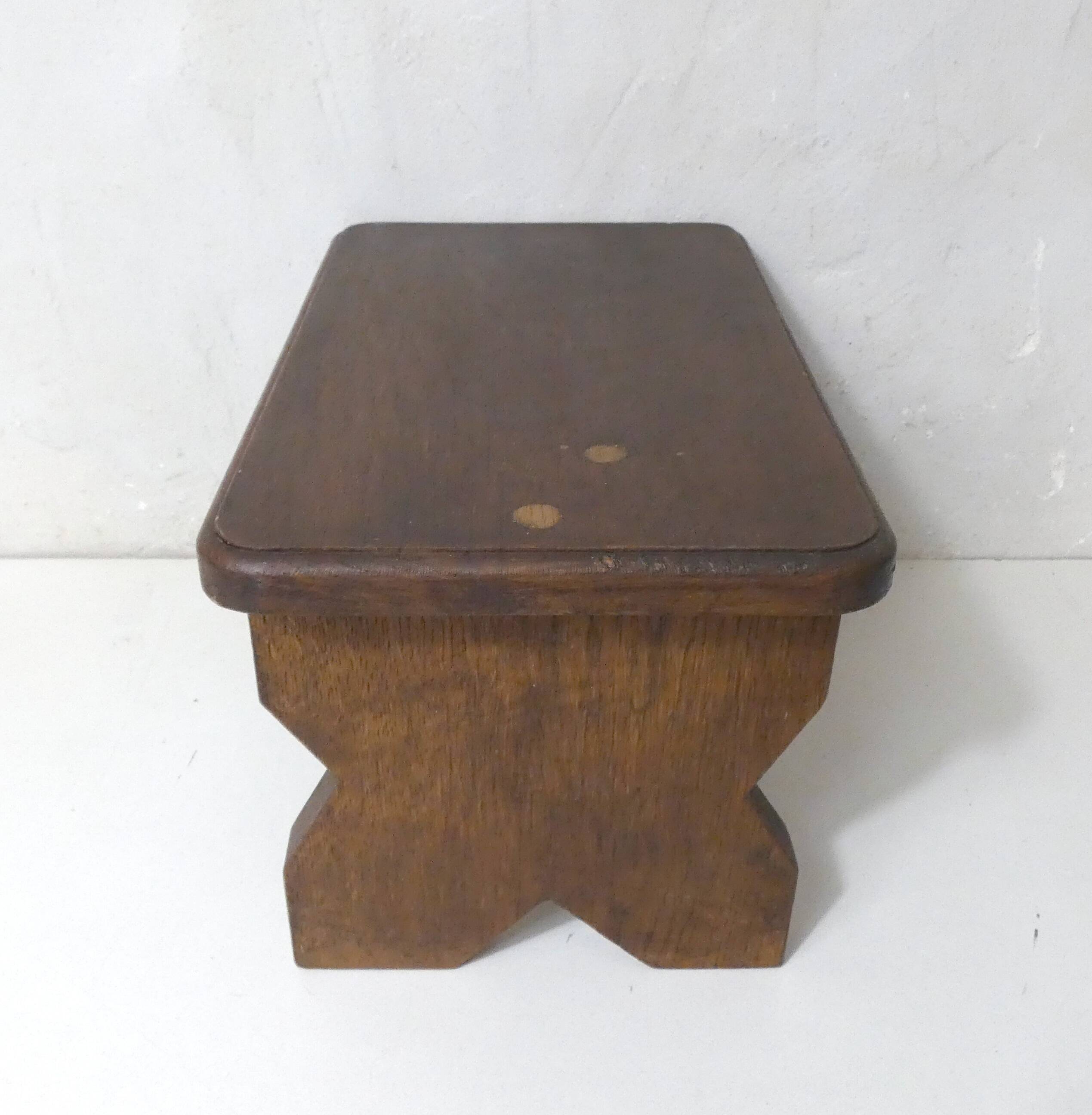 Old small bench in solid oak wood vintage step stool