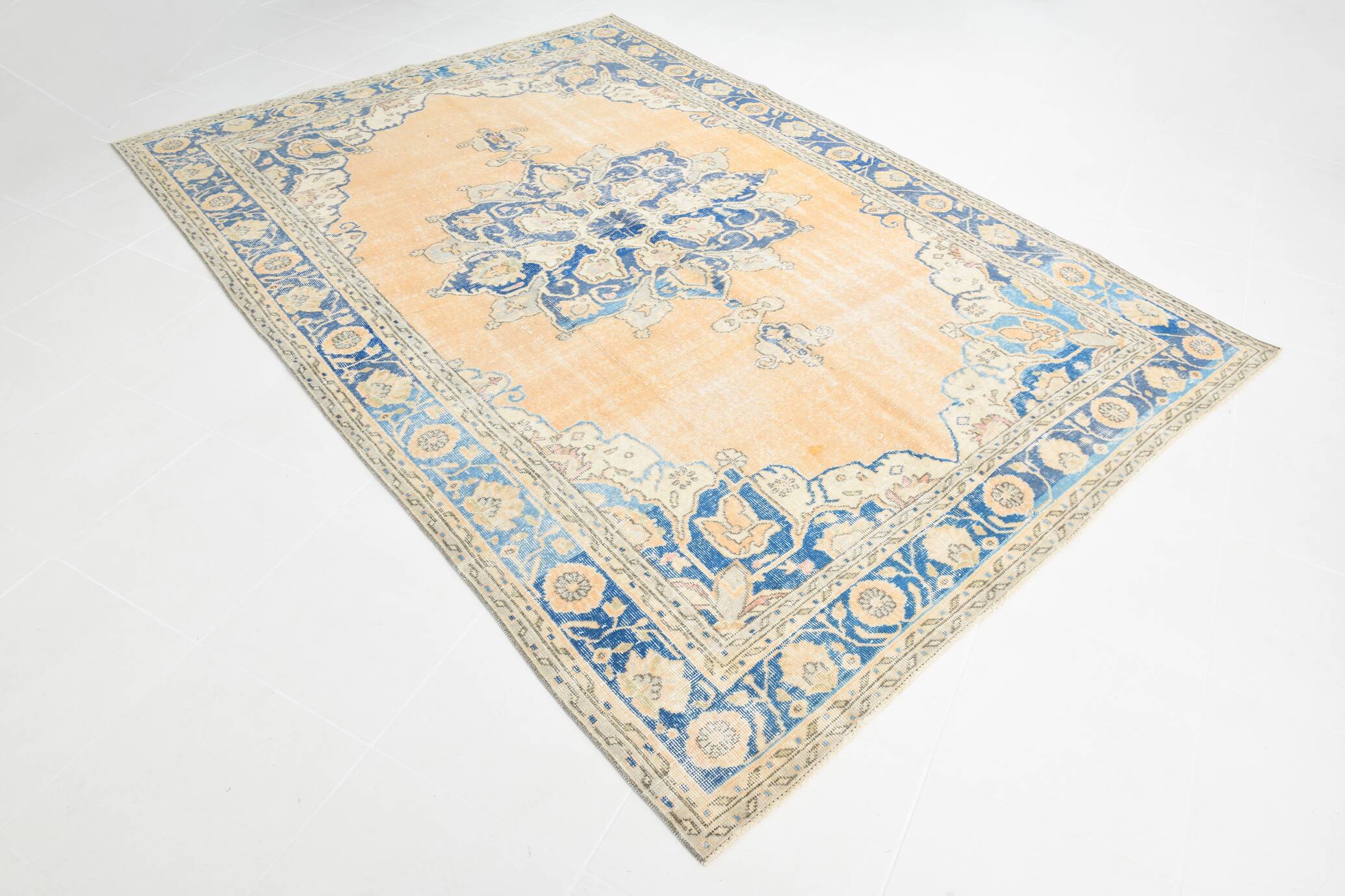 7x10 Orange and Blue Vintage Persian Rug, 206x294 Cm