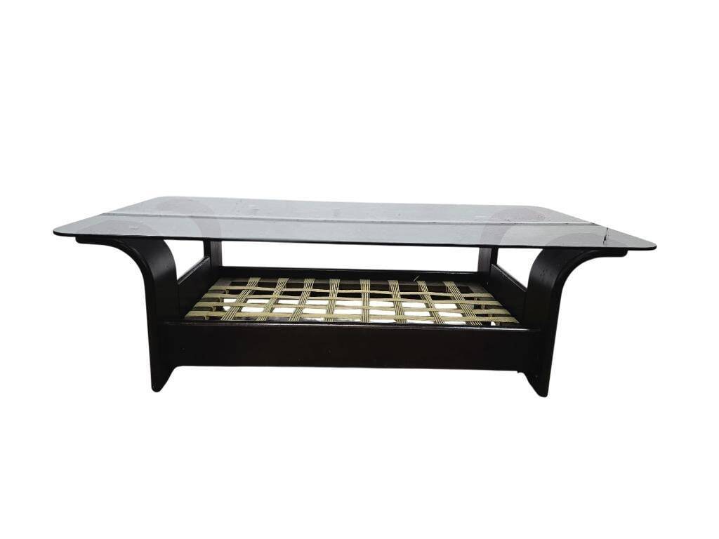 Vintage glass coffee table with dark wood frame