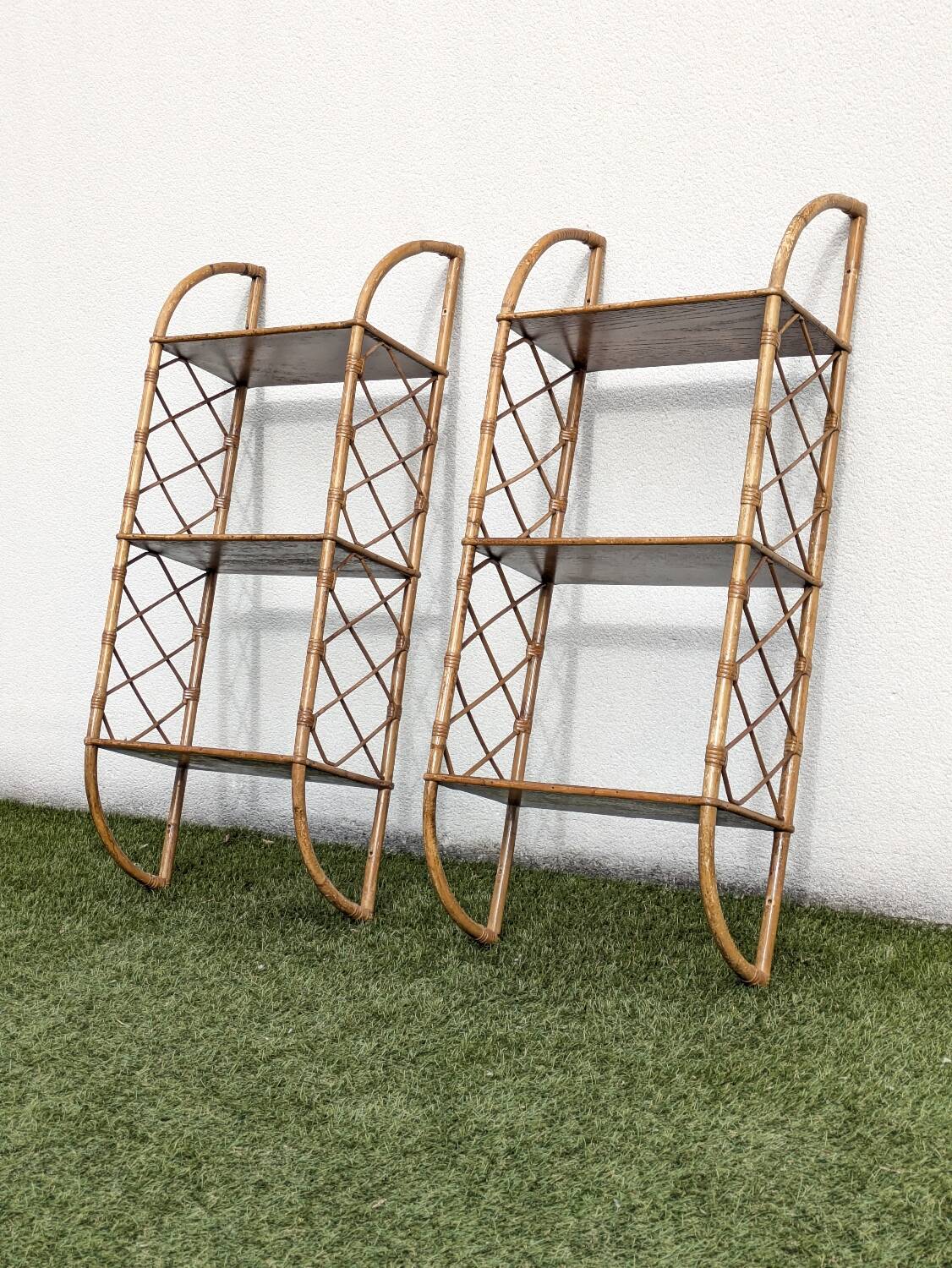 Pair of vintage bamboo and rattan wall shelves 1960