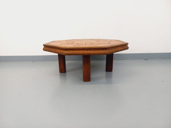 Table basse octogonale Barrois motifs herbier vintage en chêne et céramique