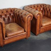 Set of 2 vintage chesterfield club armchairs in cognac leather, Netherlands,