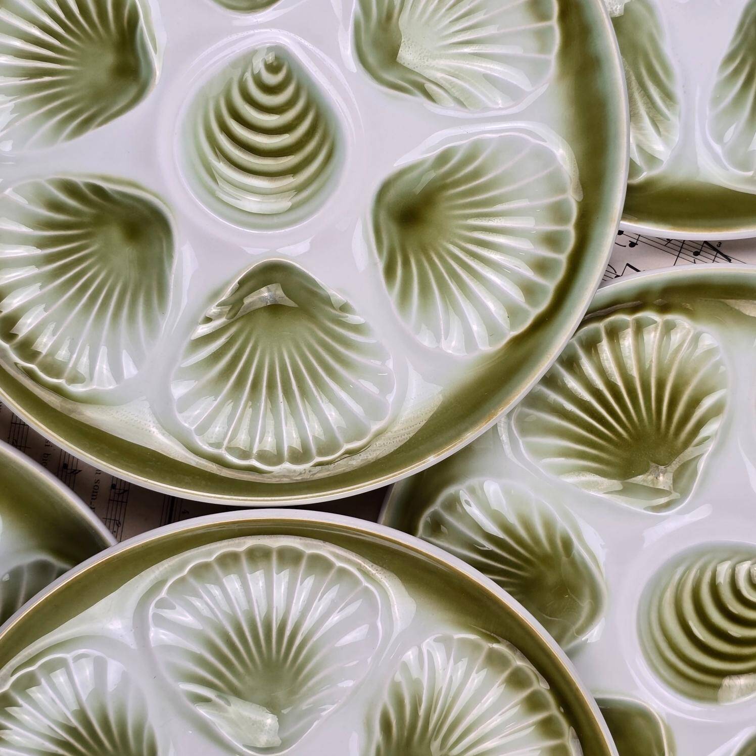 Set of 6 Moulin des Loups oyster plates – vintage green earthenware