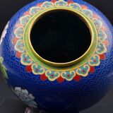 Chinese cloisonné vase decorated with peonies on a blue background, height 15 cm