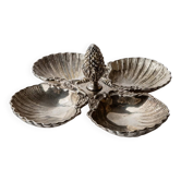 Centre de table en métal argenté, 4 coupelles coquille avec poignée pomme de pin, années 1930