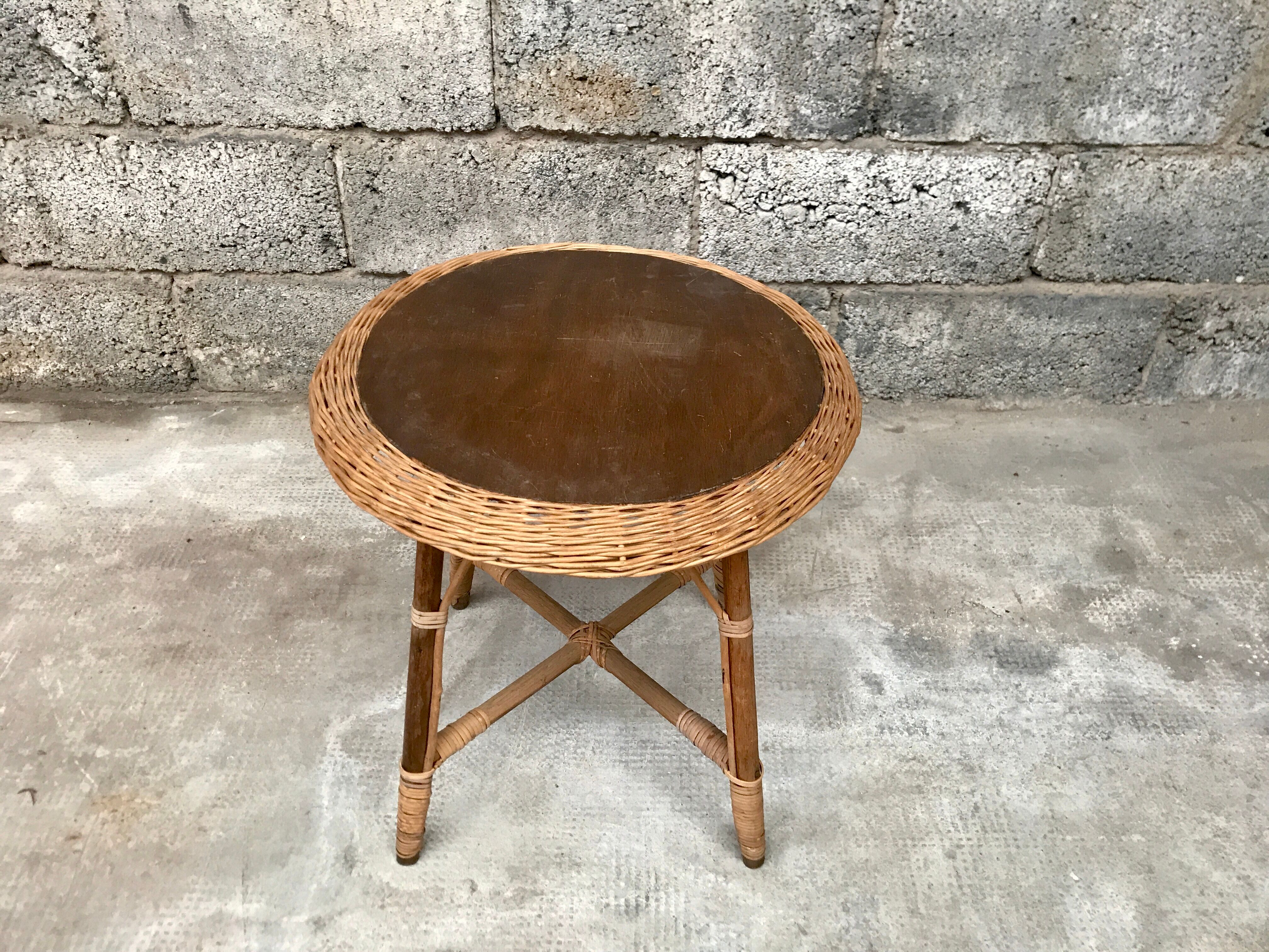 Vintage side table in bohemian old rattan wicker 1950
