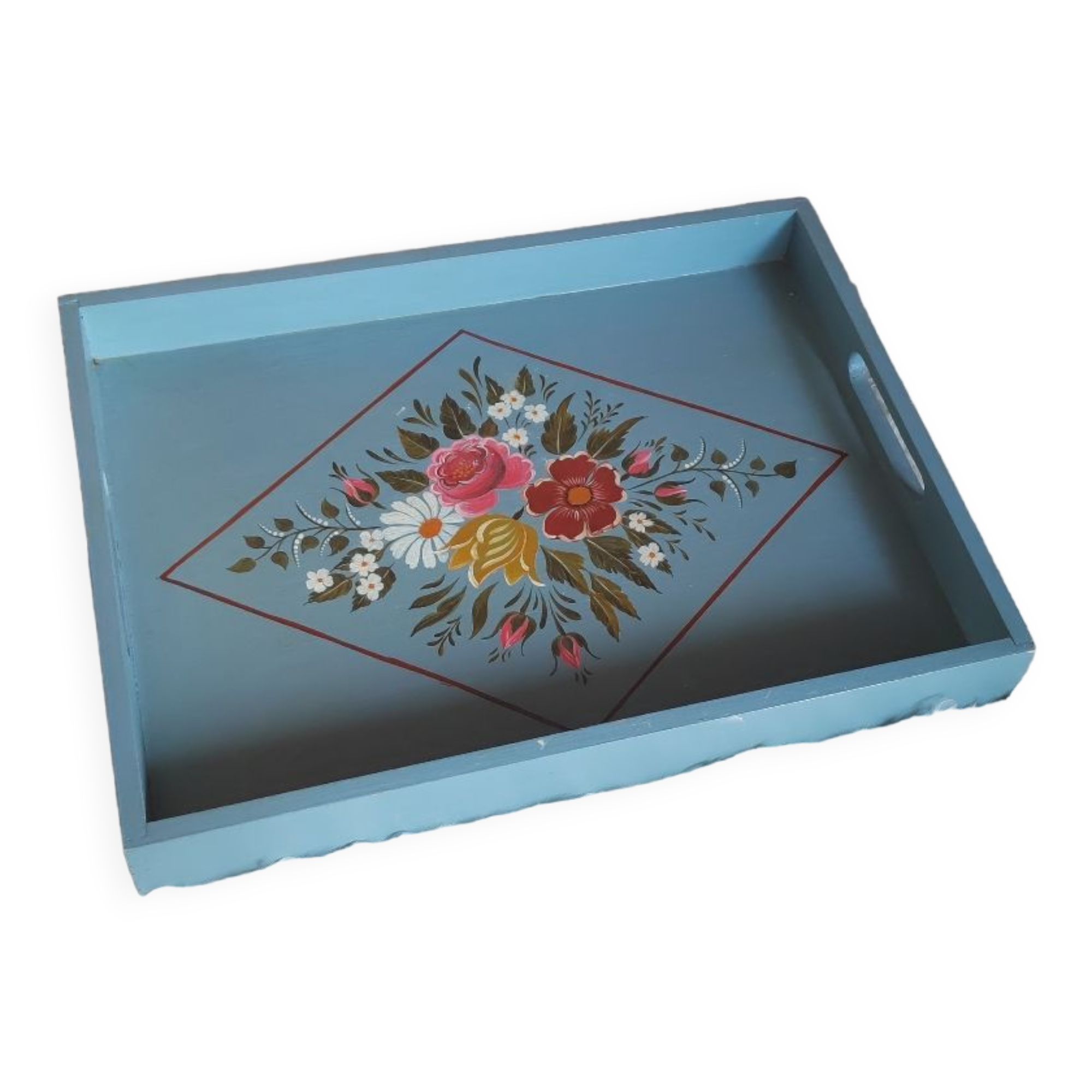 Hand-painted blue wooden tray