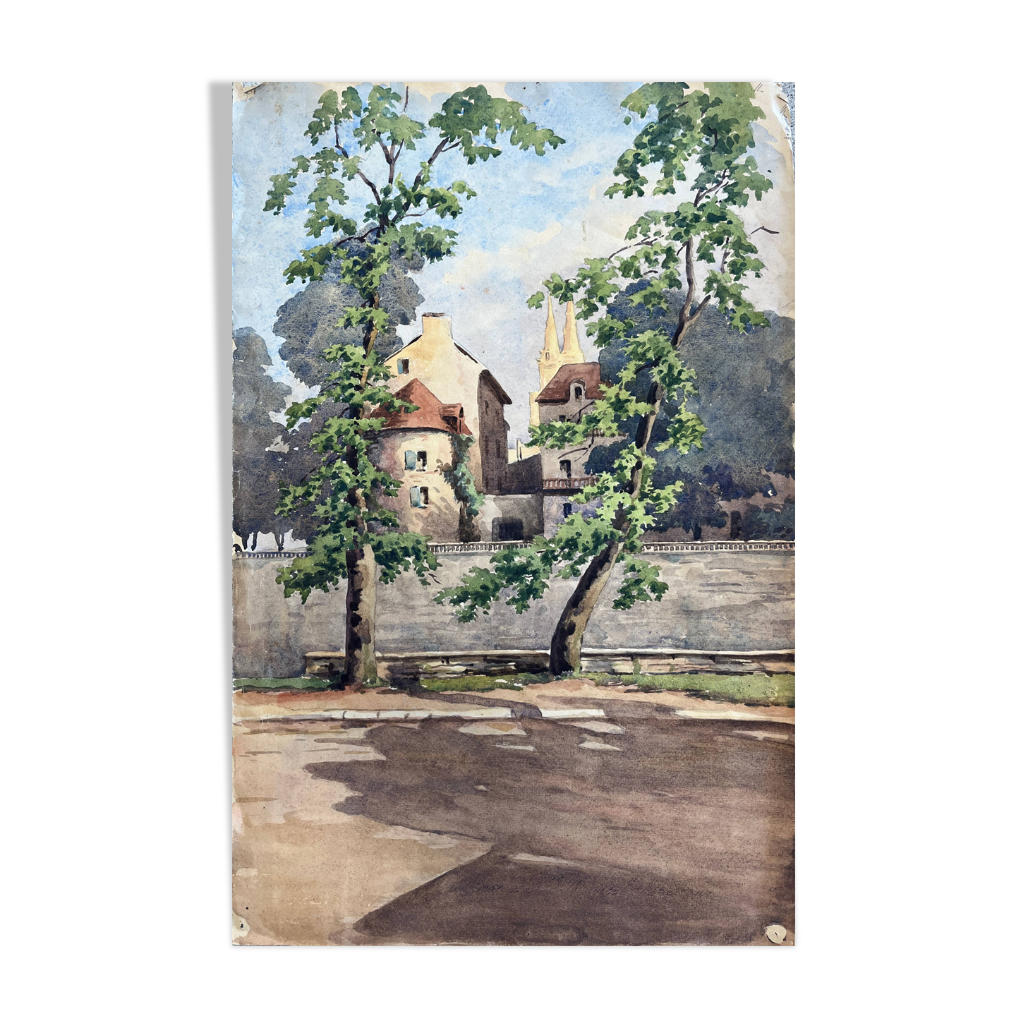 Watercolor painting of a castle and village, early 20th century