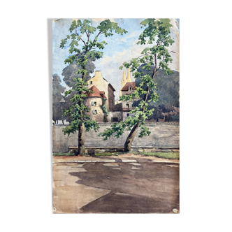 Tableau Aquarelle Chateau village éc. du début XX° siècle