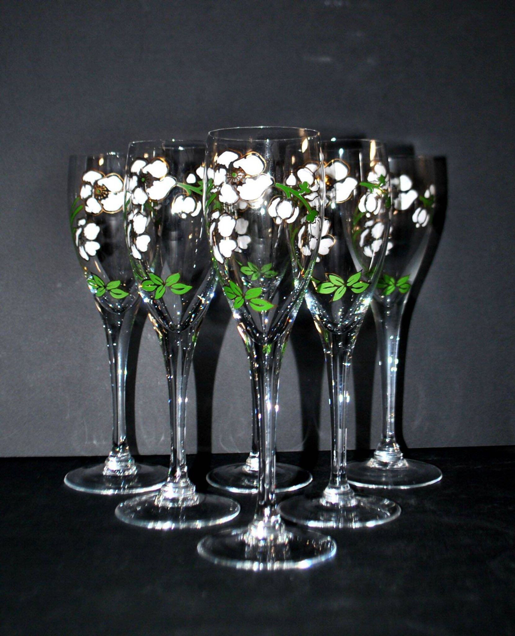 Perrier Jouet set of 6 Anemone Cuvée Belle Epoque champagne flutes in Gallé enamelled crystal