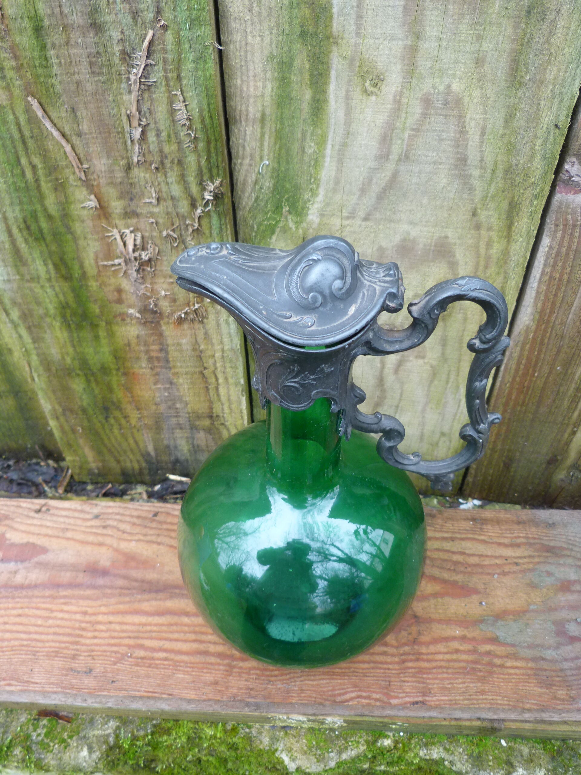 Napoleon III wine jug pitcher in souflé glass and pewter